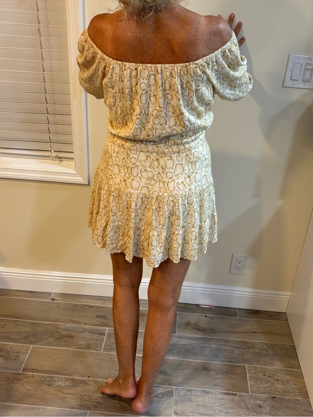 TART Off-Shoulder Cream Snake-Print Mini Dress. Easy goes to size M also
